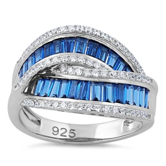 925 STERLING SILVER Blue Spinel & Cubic Zirconia Crossover Ring - Picture 15 of 15